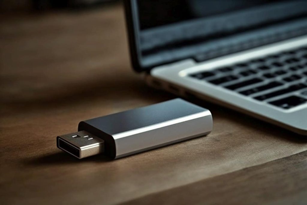 USB-sticks liggen op tafel naast de laptop.